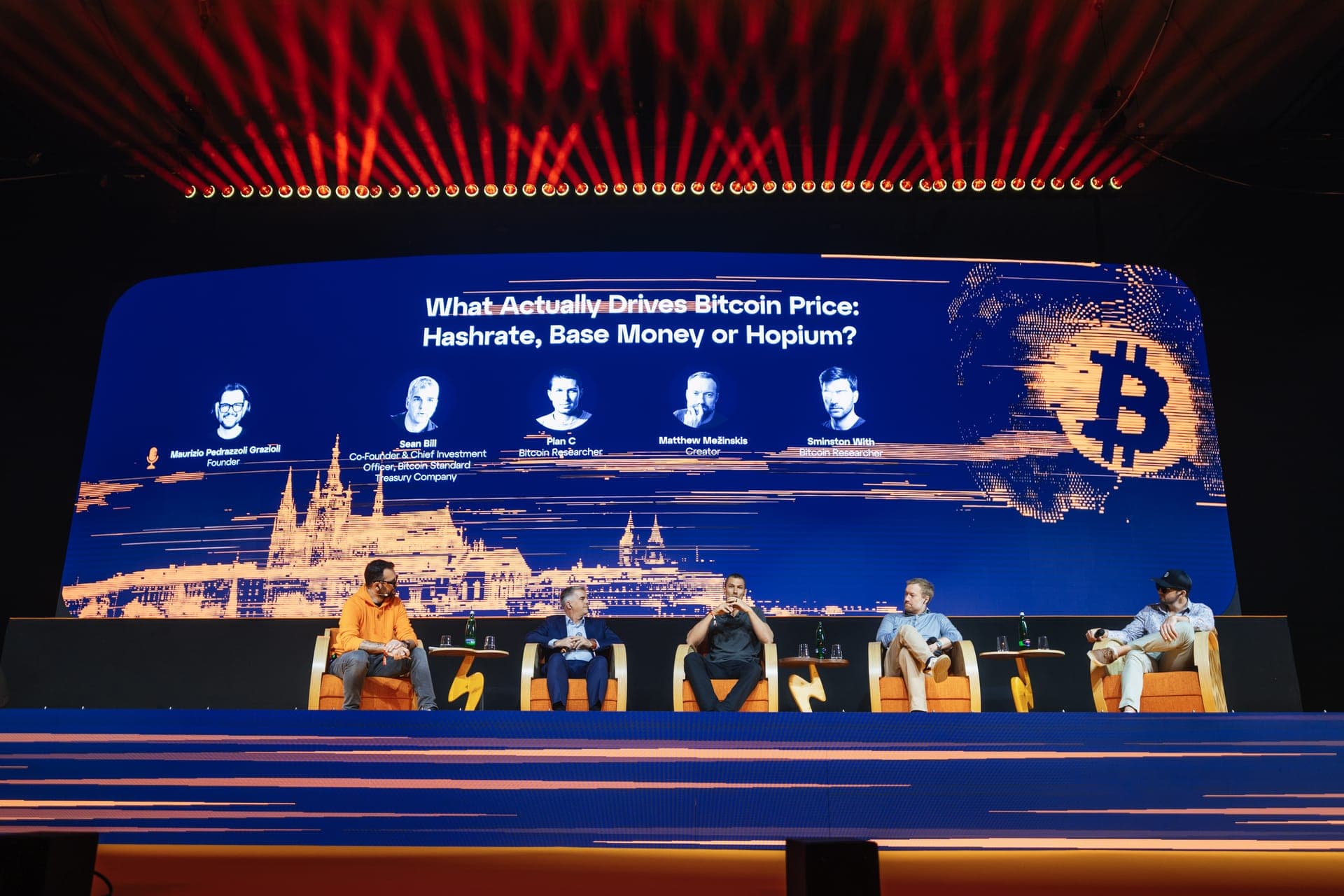 The Bitcoin-price panel on the main stage at BTC Prague 2026